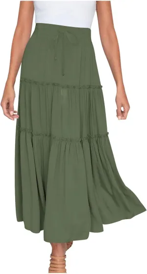 Womens Ruffle Skirts A Line Pleated Skirts Flowy Maxi Skirts Drawstring Elastic Waist Skirts Long Summer Beach Skirts