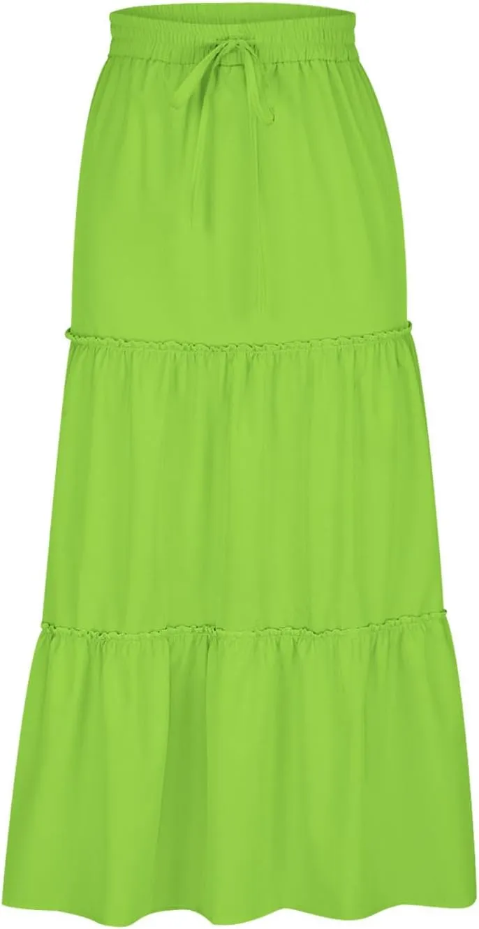 Womens Ruffle Skirts A Line Pleated Skirts Flowy Maxi Skirts Drawstring Elastic Waist Skirts Long Summer Beach Skirts
