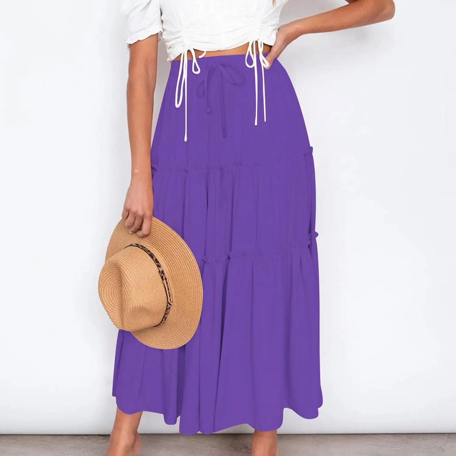 Womens Ruffle Skirts A Line Pleated Skirts Flowy Maxi Skirts Drawstring Elastic Waist Skirts Long Summer Beach Skirts