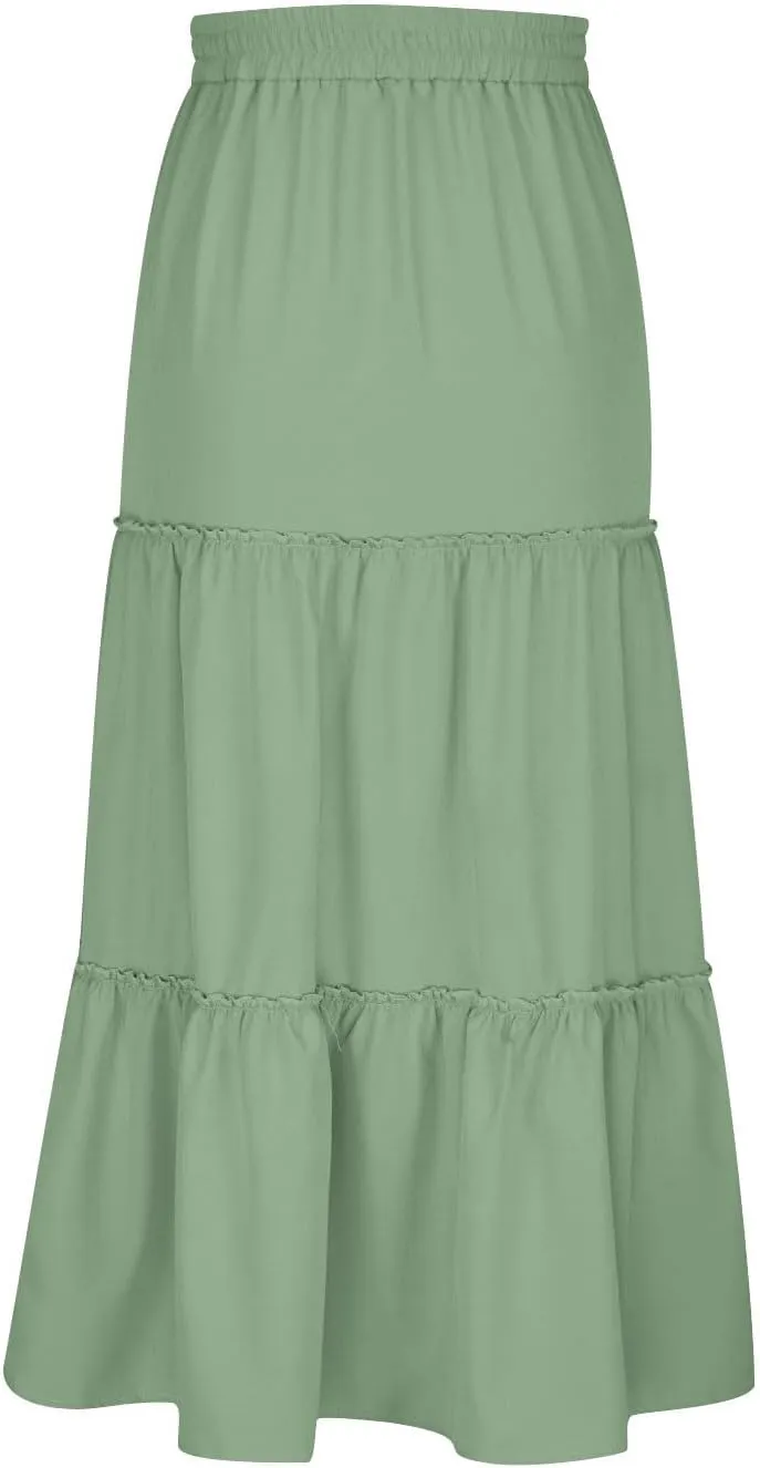 Womens Ruffle Skirts A Line Pleated Skirts Flowy Maxi Skirts Drawstring Elastic Waist Skirts Long Summer Beach Skirts