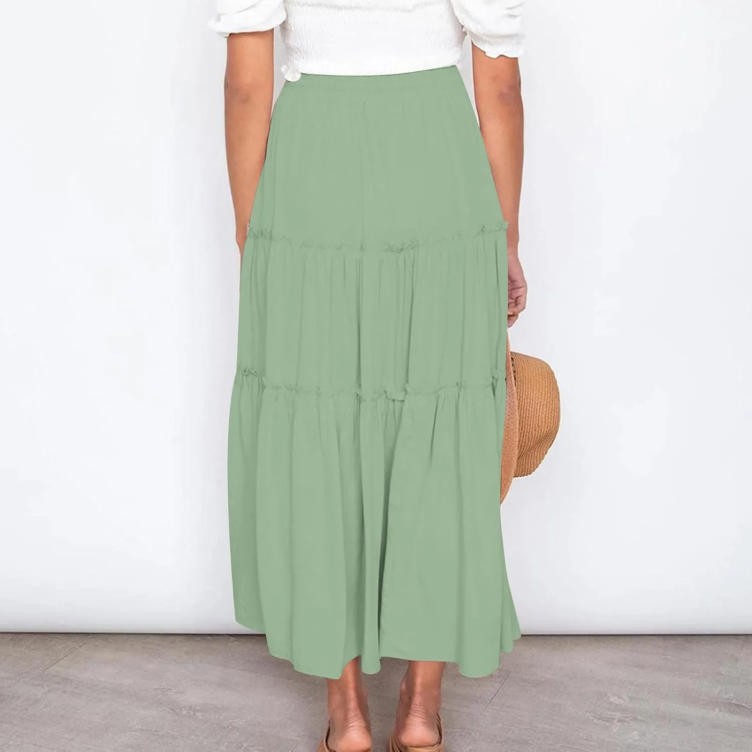 Womens Ruffle Skirts A Line Pleated Skirts Flowy Maxi Skirts Drawstring Elastic Waist Skirts Long Summer Beach Skirts