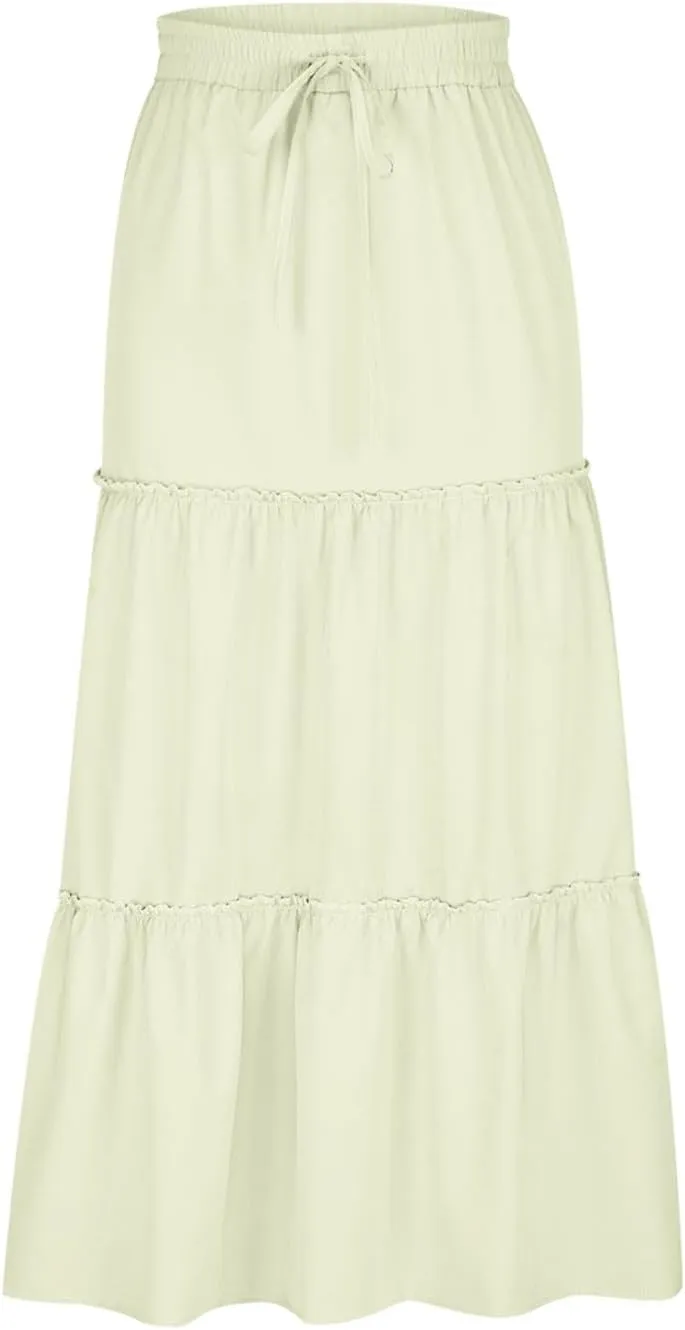 Womens Ruffle Skirts A Line Pleated Skirts Flowy Maxi Skirts Drawstring Elastic Waist Skirts Long Summer Beach Skirts