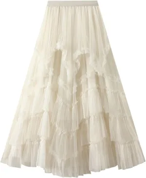 Women's Ruffle Tulle Skirts Asymmetry Swing Mesh Tutu Skirt Elastic High Waist A-line Skirts Party Dress