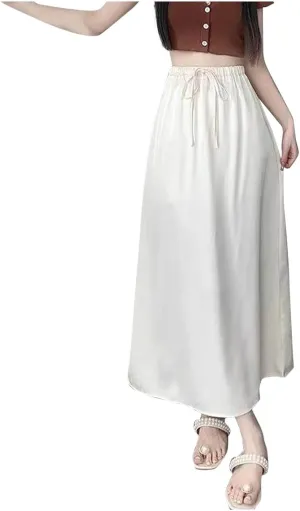 Women's Silk Satin Long Skirt, High Waisted Tie Drawstring A-Line Skirts Summer Going Out Casual Trendy Clothes