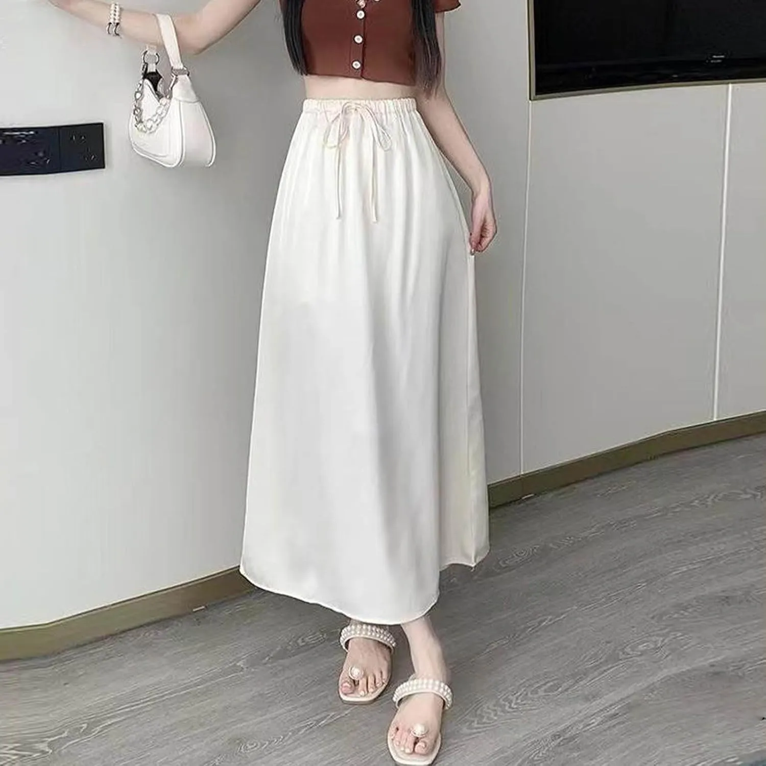 Women's Silk Satin Long Skirt, High Waisted Tie Drawstring A-Line Skirts Summer Going Out Casual Trendy Clothes