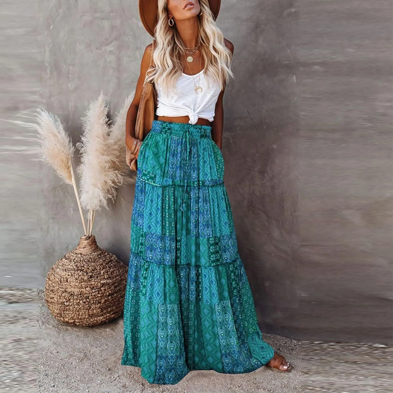 Women's Skirts Womens Summer Paisley Print Maxi Skirt Casual Elastic High Waist Pleated Ruffle Flowy Long Skirts
