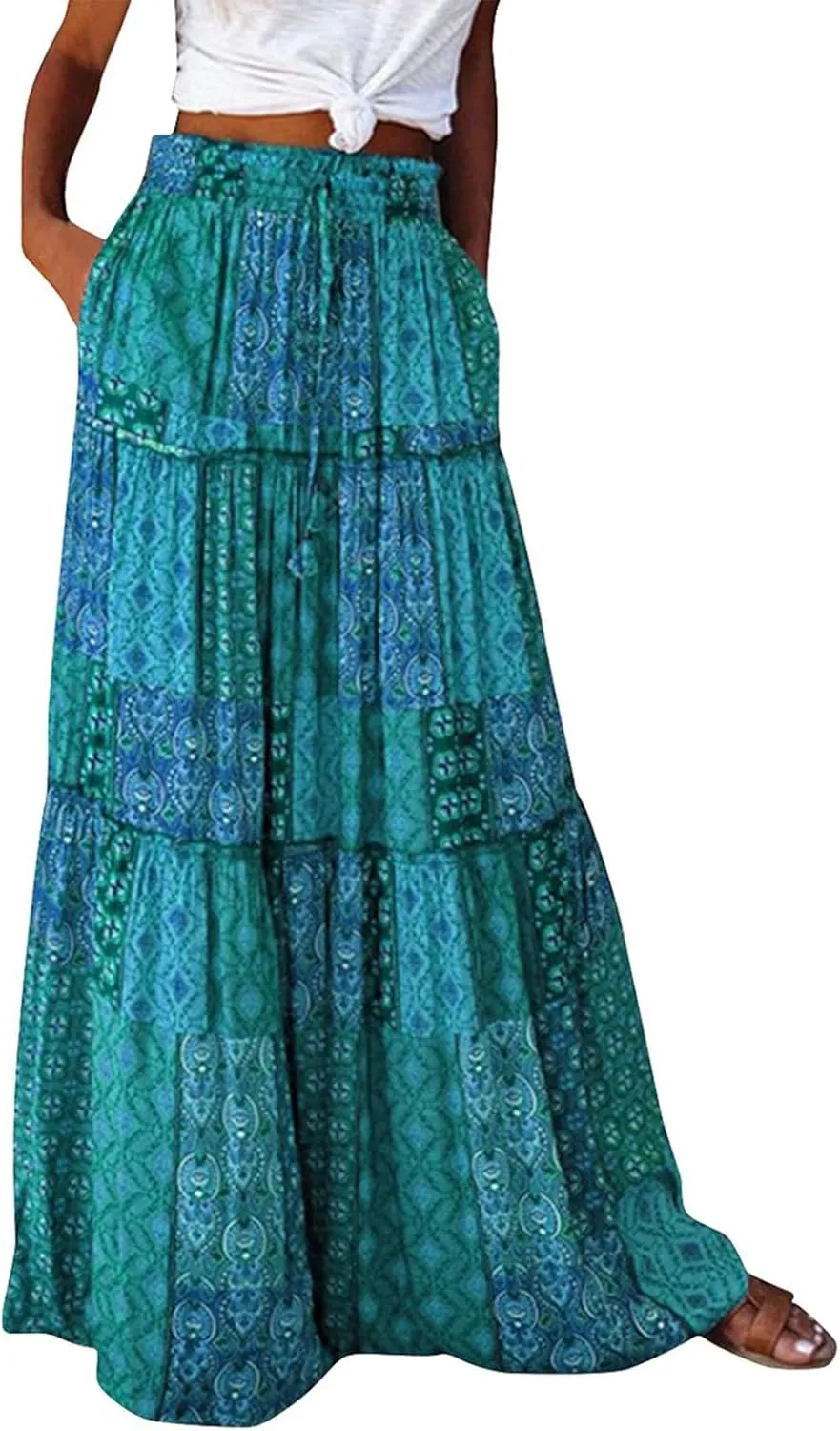 Women's Skirts Womens Summer Paisley Print Maxi Skirt Casual Elastic High Waist Pleated Ruffle Flowy Long Skirts