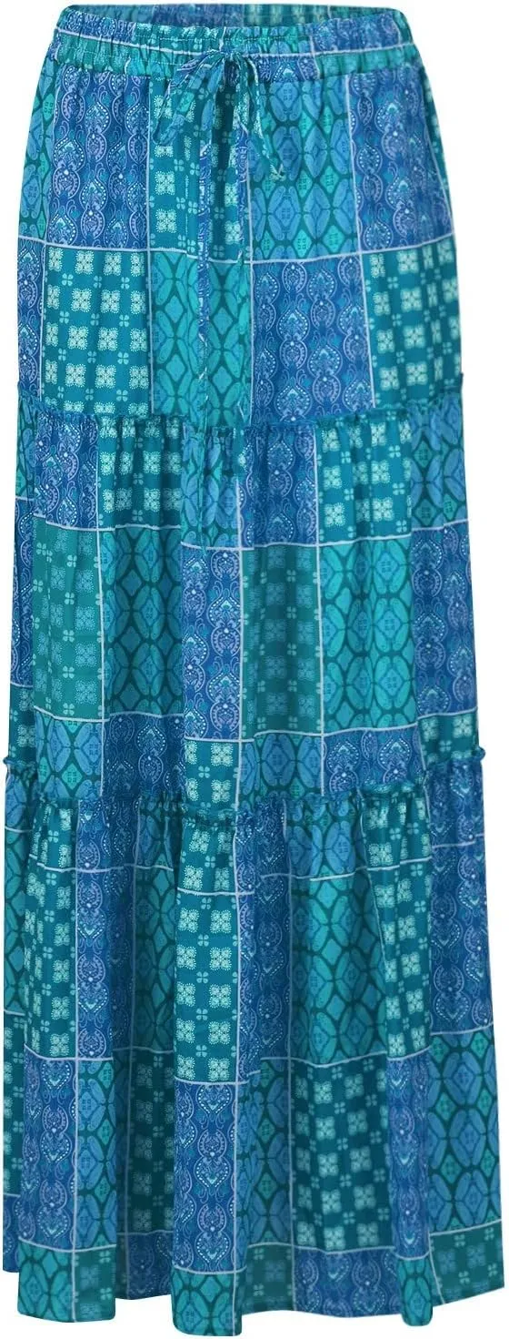 Women's Skirts Womens Summer Paisley Print Maxi Skirt Casual Elastic High Waist Pleated Ruffle Flowy Long Skirts