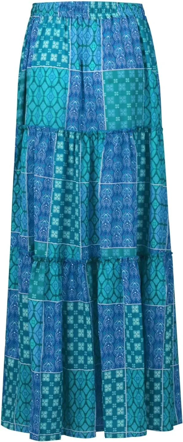 Women's Skirts Womens Summer Paisley Print Maxi Skirt Casual Elastic High Waist Pleated Ruffle Flowy Long Skirts