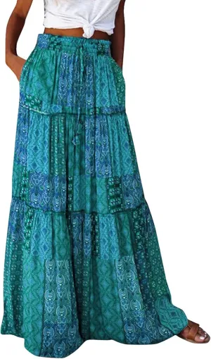 Women's Skirts Womens Summer Paisley Print Maxi Skirt Casual Elastic High Waist Pleated Ruffle Flowy Long Skirts