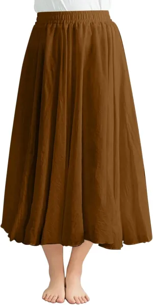 Women's Summer Beach Elastic High Waist A Line Long Skirts Trendy Casual Vacation Loose Solid Color Flowy Midi Skirt