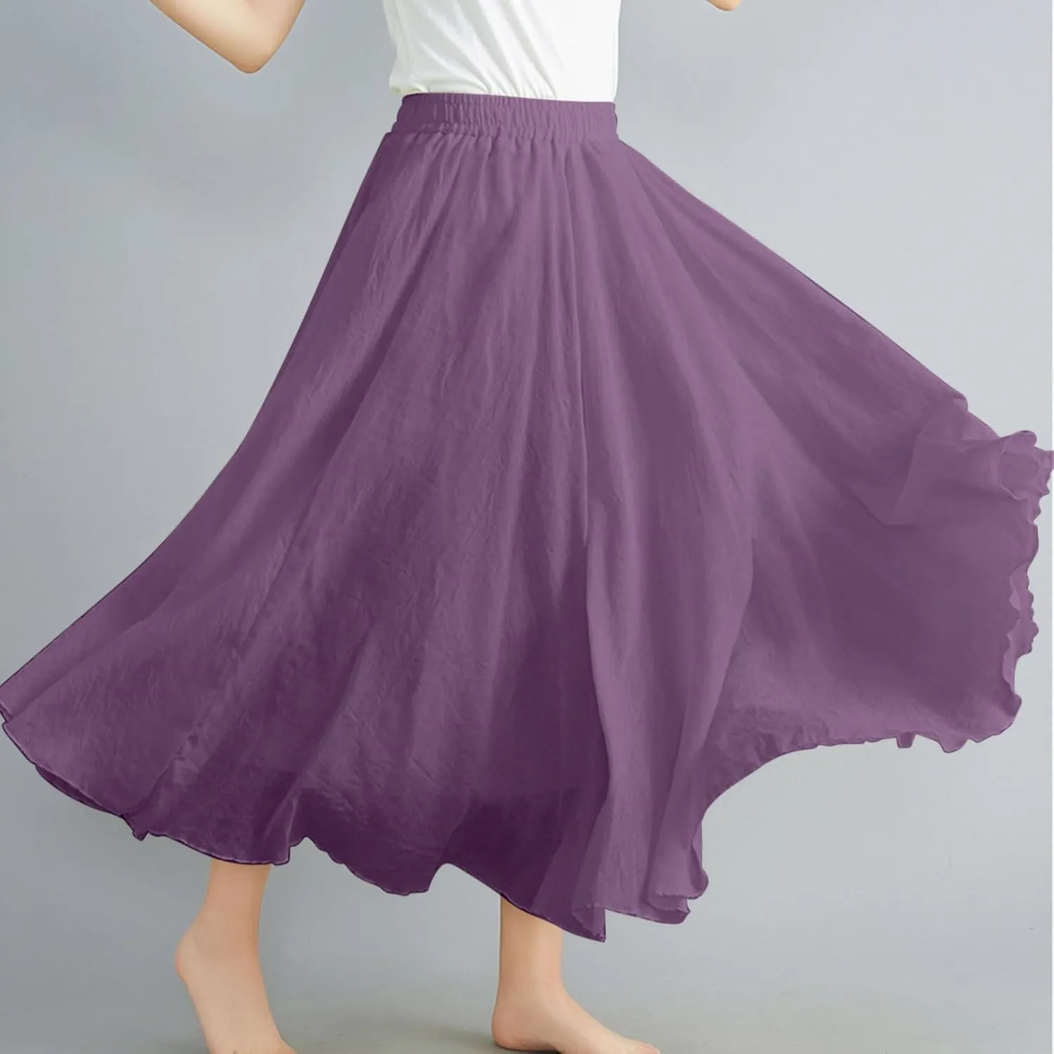 Women's Summer Beach Elastic High Waist A Line Long Skirts Trendy Casual Vacation Loose Solid Color Flowy Midi Skirt