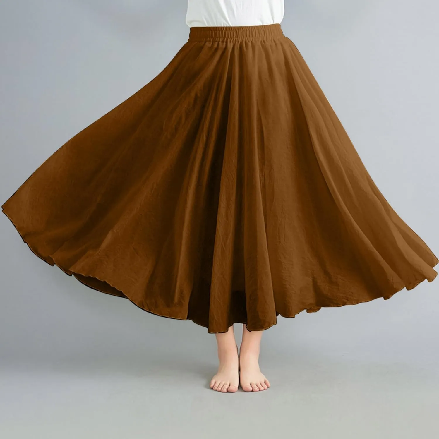 Women's Summer Beach Elastic High Waist A Line Long Skirts Trendy Casual Vacation Loose Solid Color Flowy Midi Skirt