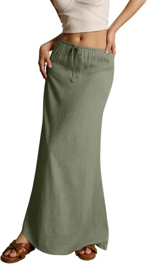 Women's Summer Linen Maxi Skirts Casual Flowy Tiered A-Line Elastic Waist Skirt