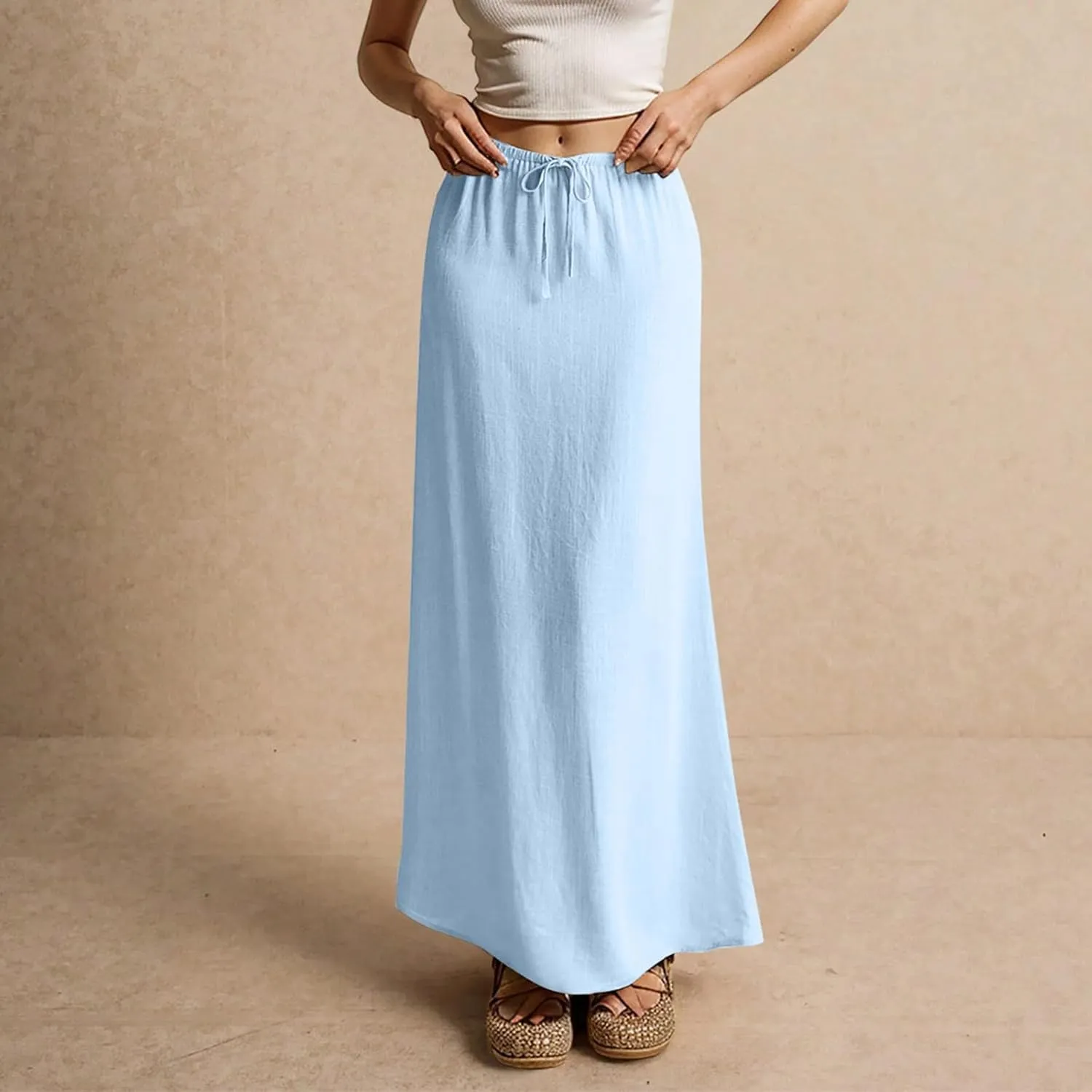 Women's Summer Linen Maxi Skirts Casual Flowy Tiered A-Line Elastic Waist Skirt