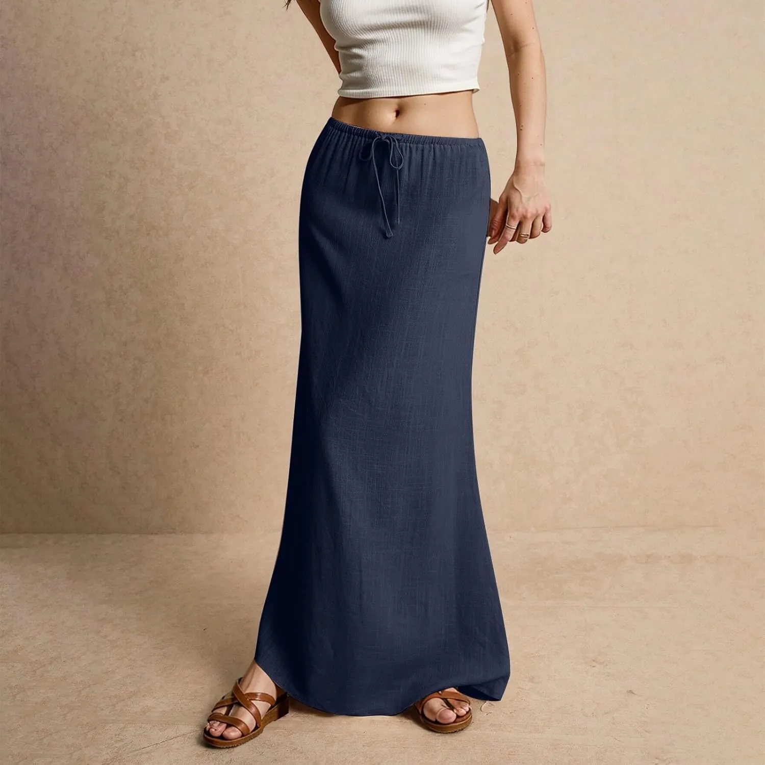 Women's Summer Linen Maxi Skirts Casual Flowy Tiered A-Line Elastic Waist Skirt