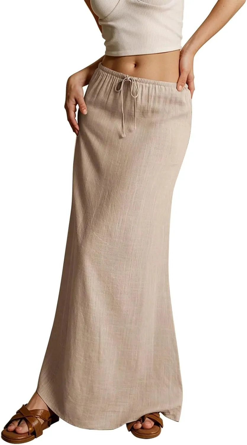 Women's Summer Linen Maxi Skirts Casual Flowy Tiered A-Line Elastic Waist Skirt
