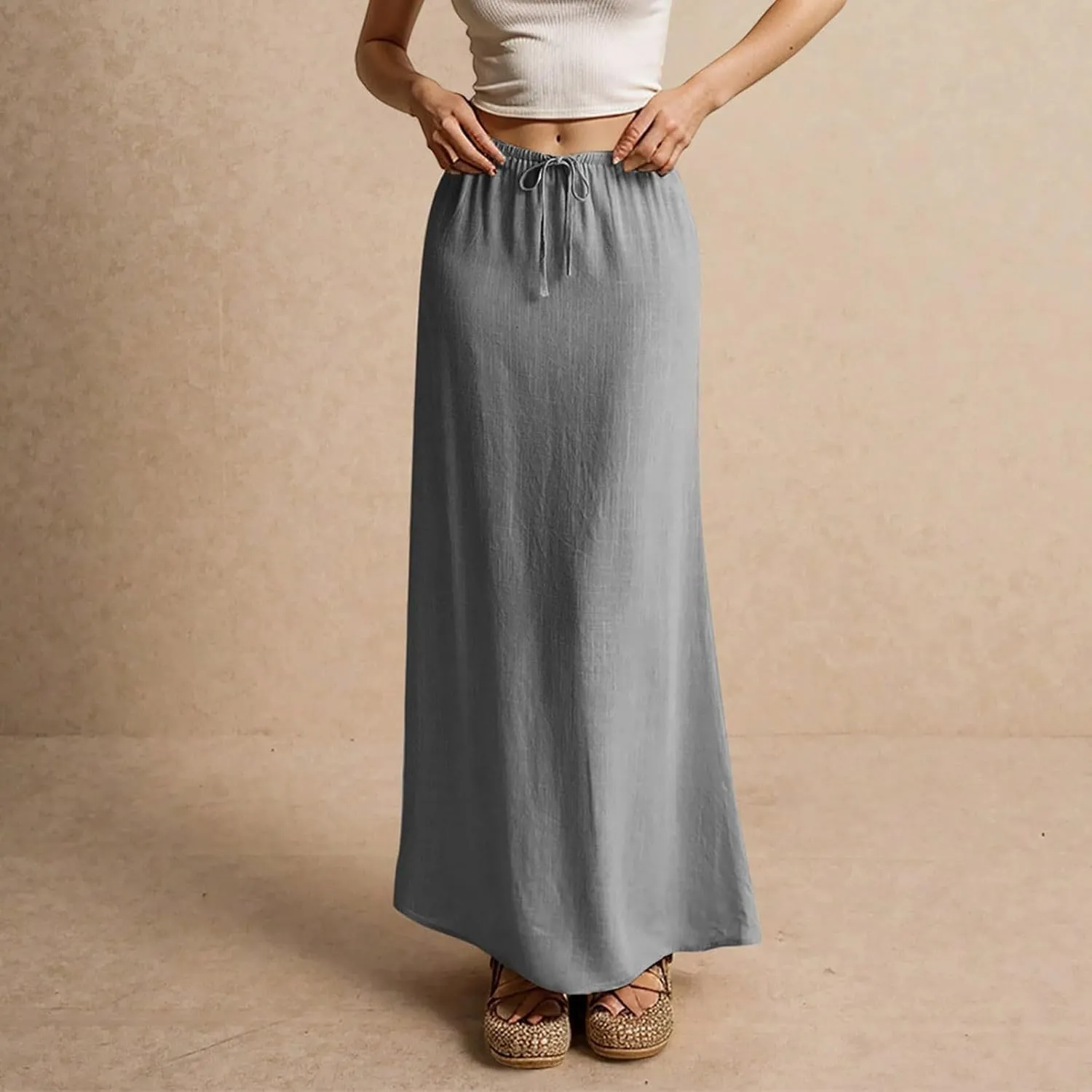 Women's Summer Linen Maxi Skirts Casual Flowy Tiered A-Line Elastic Waist Skirt