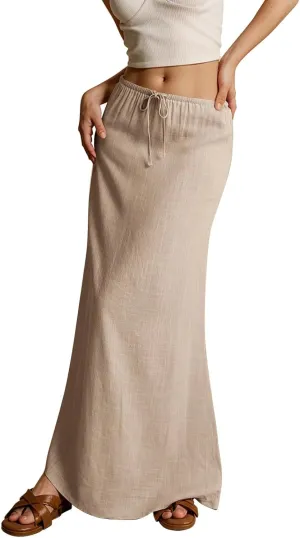 Women's Summer Linen Maxi Skirts Casual Flowy Tiered A-Line Elastic Waist Skirt