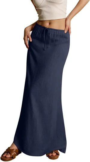 Women's Summer Linen Maxi Skirts Casual Flowy Tiered A-Line Elastic Waist Skirt