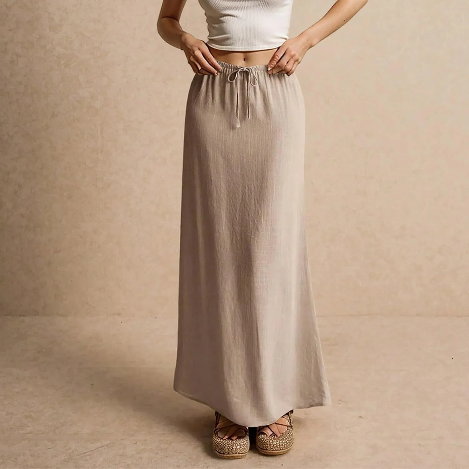 Women's Summer Linen Maxi Skirts Casual Flowy Tiered A-Line Elastic Waist Skirt