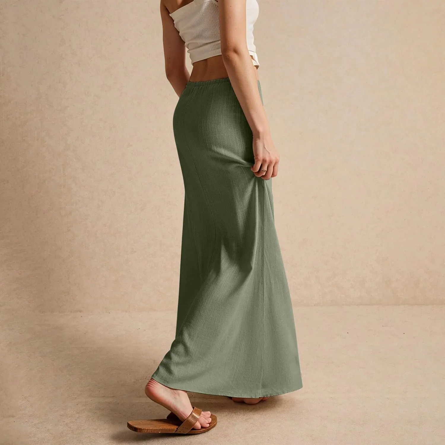 Women's Summer Linen Maxi Skirts Casual Flowy Tiered A-Line Elastic Waist Skirt