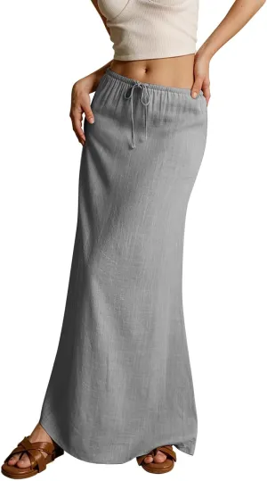 Women's Summer Linen Maxi Skirts Casual Flowy Tiered A-Line Elastic Waist Skirt