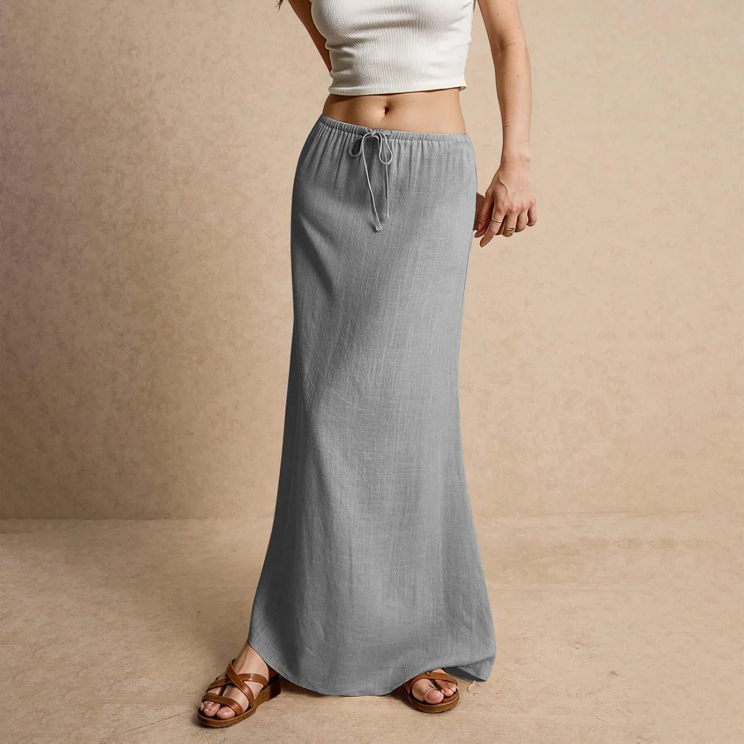 Women's Summer Linen Maxi Skirts Casual Flowy Tiered A-Line Elastic Waist Skirt