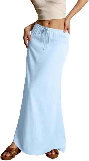 Women's Summer Linen Maxi Skirts Casual Flowy Tiered A-Line Elastic Waist Skirt