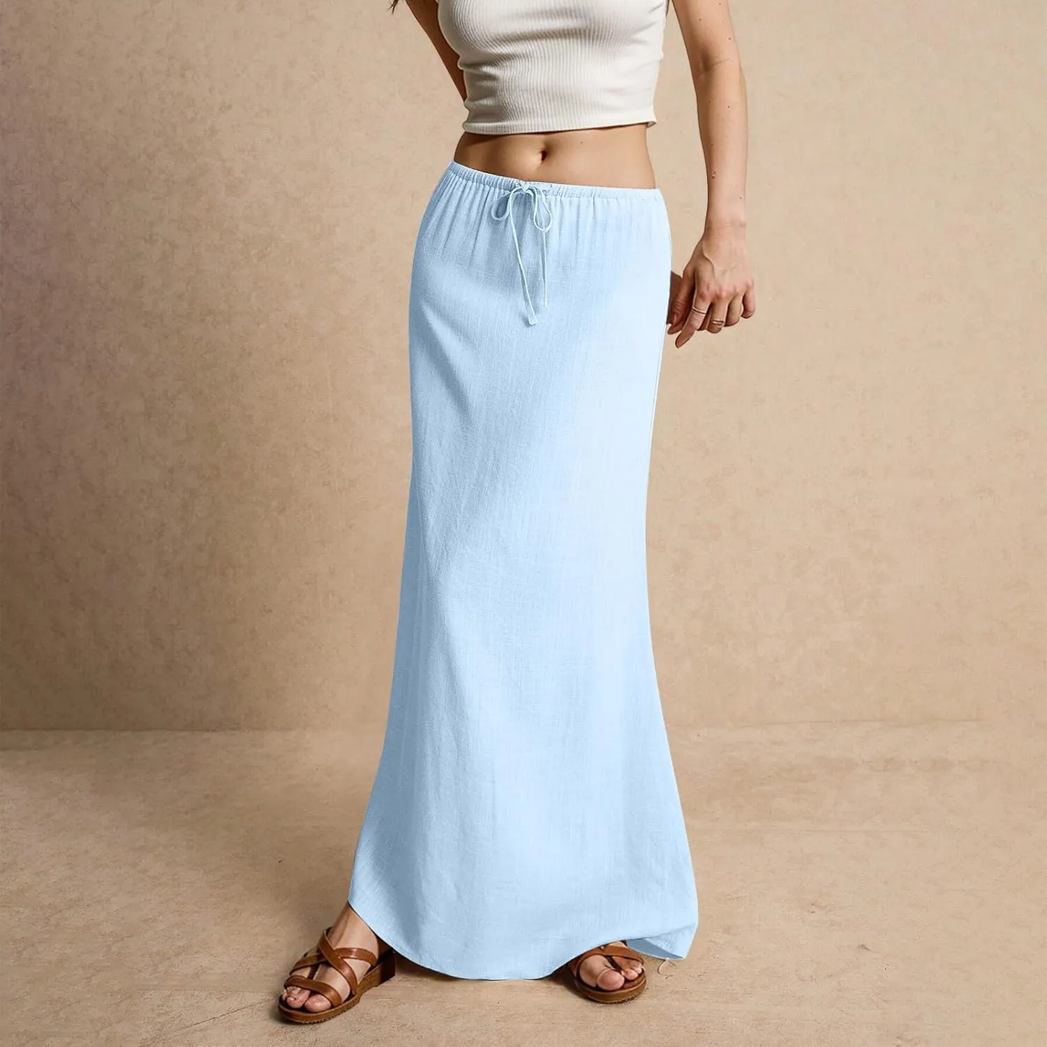 Women's Summer Linen Maxi Skirts Casual Flowy Tiered A-Line Elastic Waist Skirt