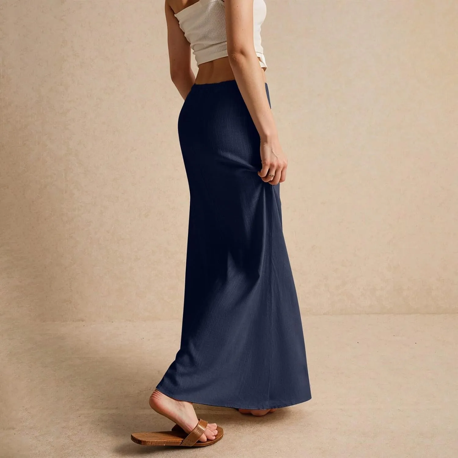 Women's Summer Linen Maxi Skirts Casual Flowy Tiered A-Line Elastic Waist Skirt