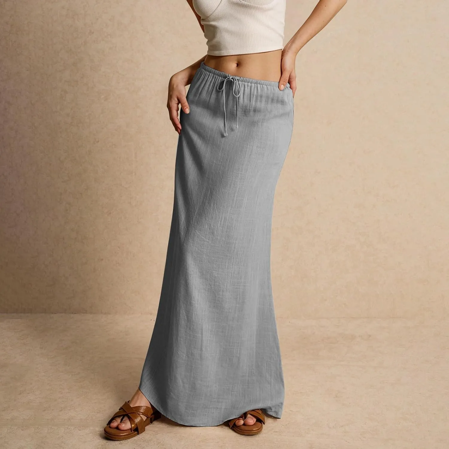 Women's Summer Linen Maxi Skirts Casual Flowy Tiered A-Line Elastic Waist Skirt