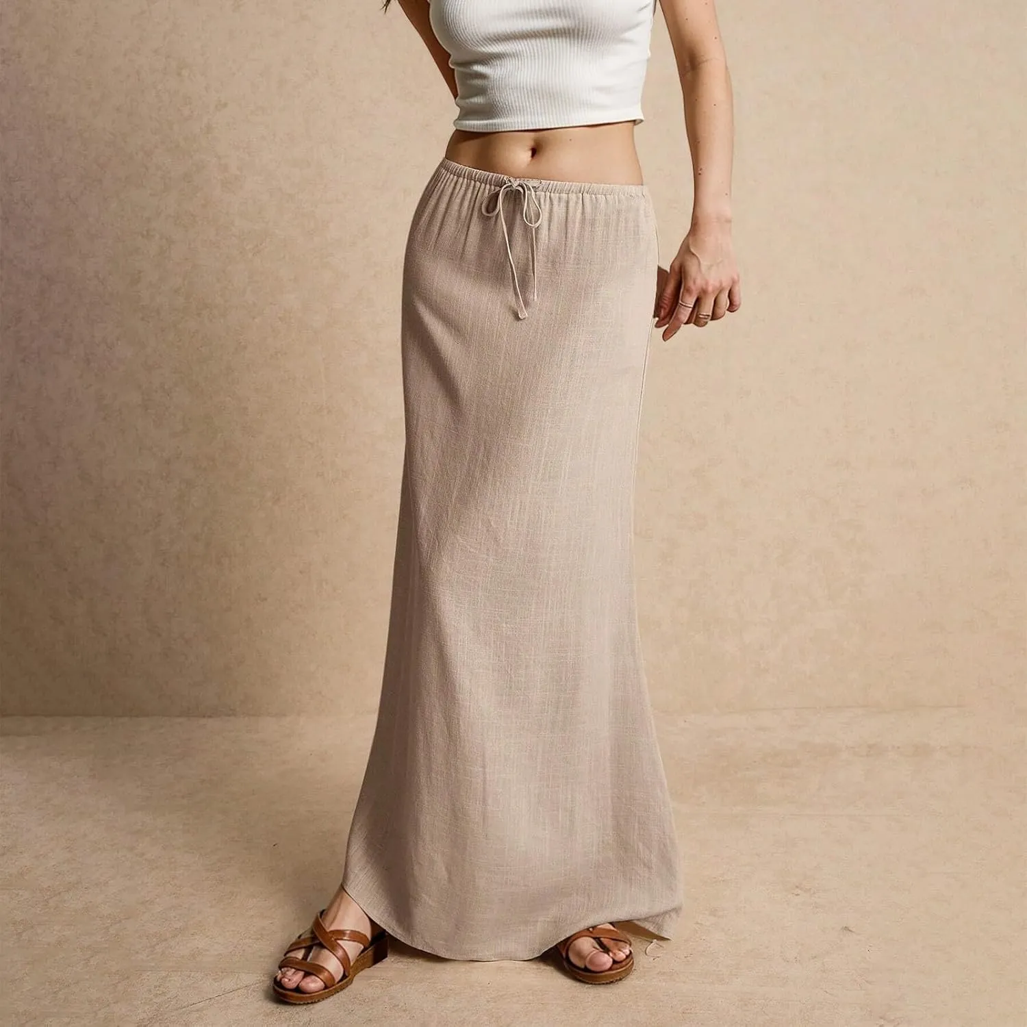 Women's Summer Linen Maxi Skirts Casual Flowy Tiered A-Line Elastic Waist Skirt