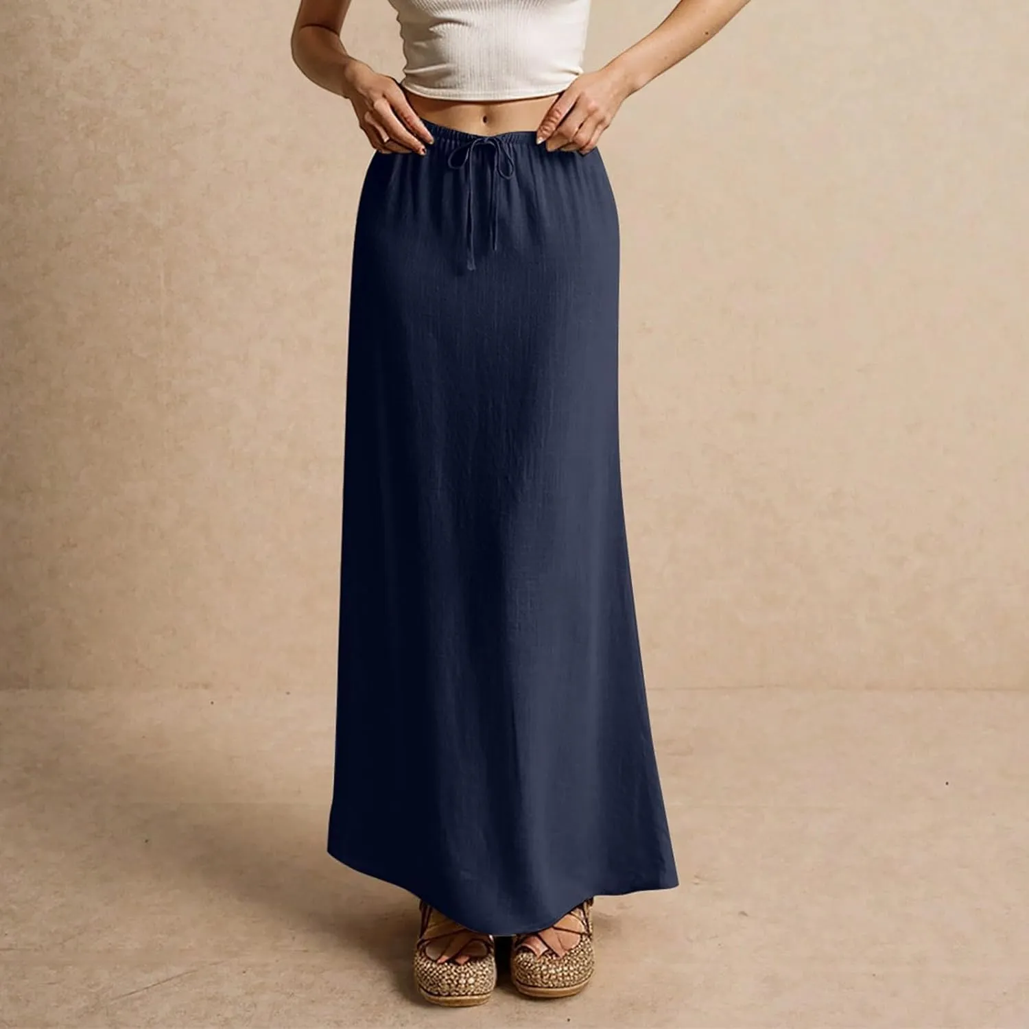 Women's Summer Linen Maxi Skirts Casual Flowy Tiered A-Line Elastic Waist Skirt