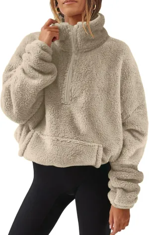 Womens Sweatshirt Fuzzy Fleece Half Zip Pullover Sweater Oversized Cropped Trendy Preppy Cute Sweatshirts with Pockets