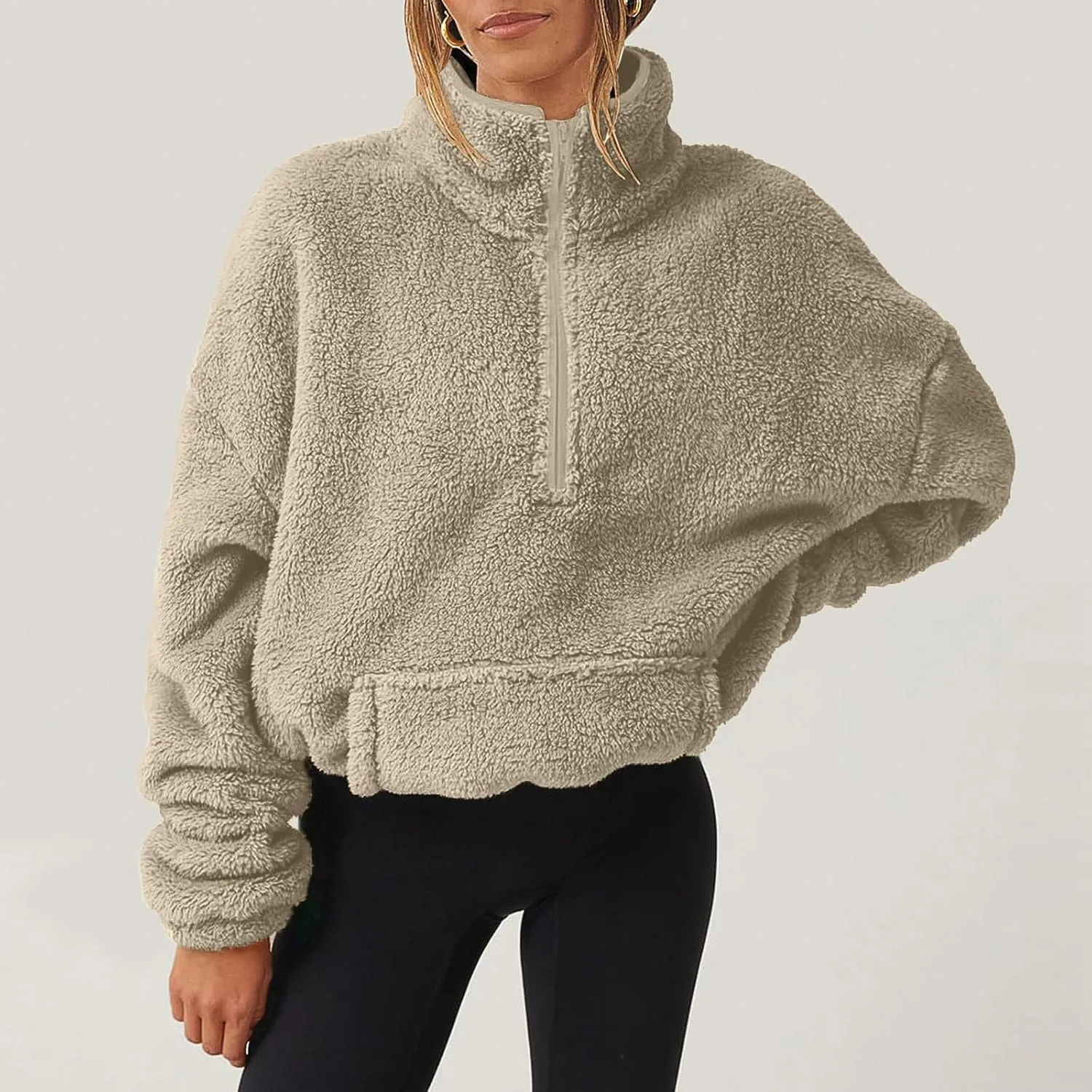 Womens Sweatshirt Fuzzy Fleece Half Zip Pullover Sweater Oversized Cropped Trendy Preppy Cute Sweatshirts with Pockets
