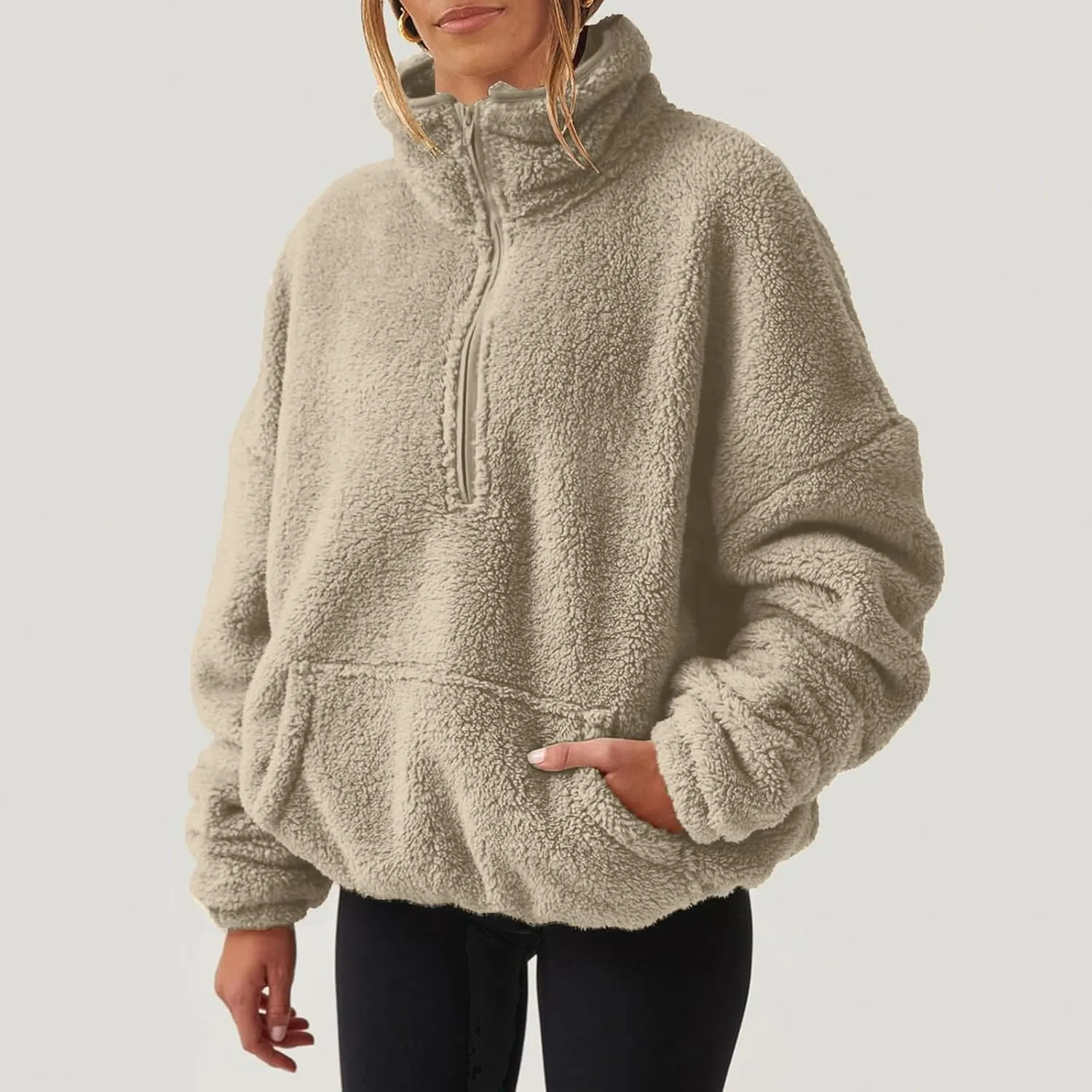 Womens Sweatshirt Fuzzy Fleece Half Zip Pullover Sweater Oversized Cropped Trendy Preppy Cute Sweatshirts with Pockets