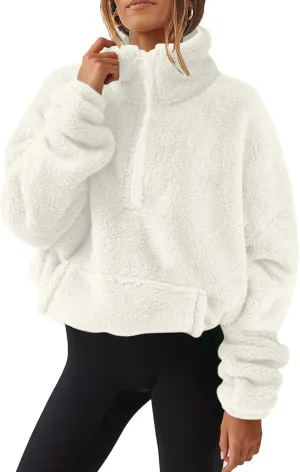 Womens Sweatshirt Fuzzy Fleece Half Zip Pullover Sweater Oversized Cropped Trendy Preppy Cute Sweatshirts with Pockets