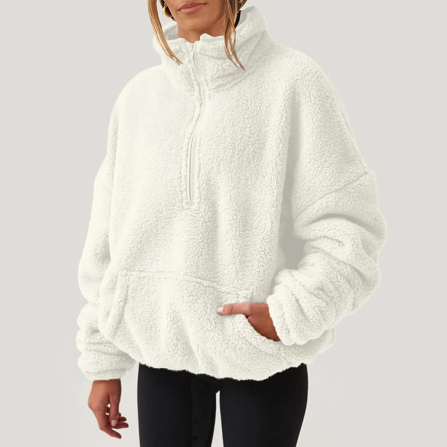 Womens Sweatshirt Fuzzy Fleece Half Zip Pullover Sweater Oversized Cropped Trendy Preppy Cute Sweatshirts with Pockets