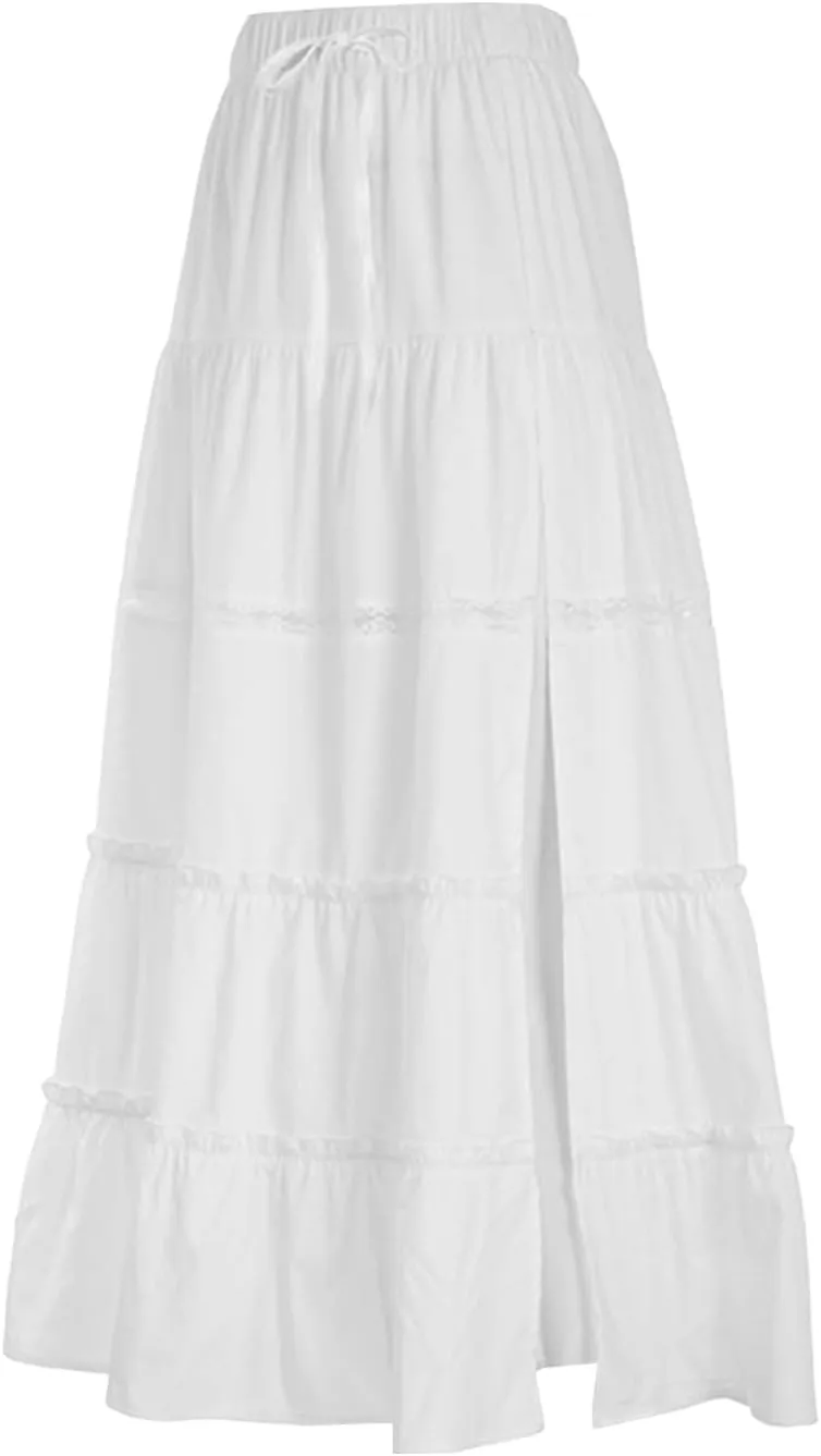 Women's Tiered Long Skirts Drawstring Elastic Waist Solid Color Ruched Midi Skirts Side Split Skirts
