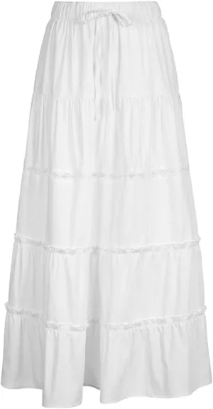 Women's Tiered Long Skirts Drawstring Elastic Waist Solid Color Ruched Midi Skirts Side Split Skirts