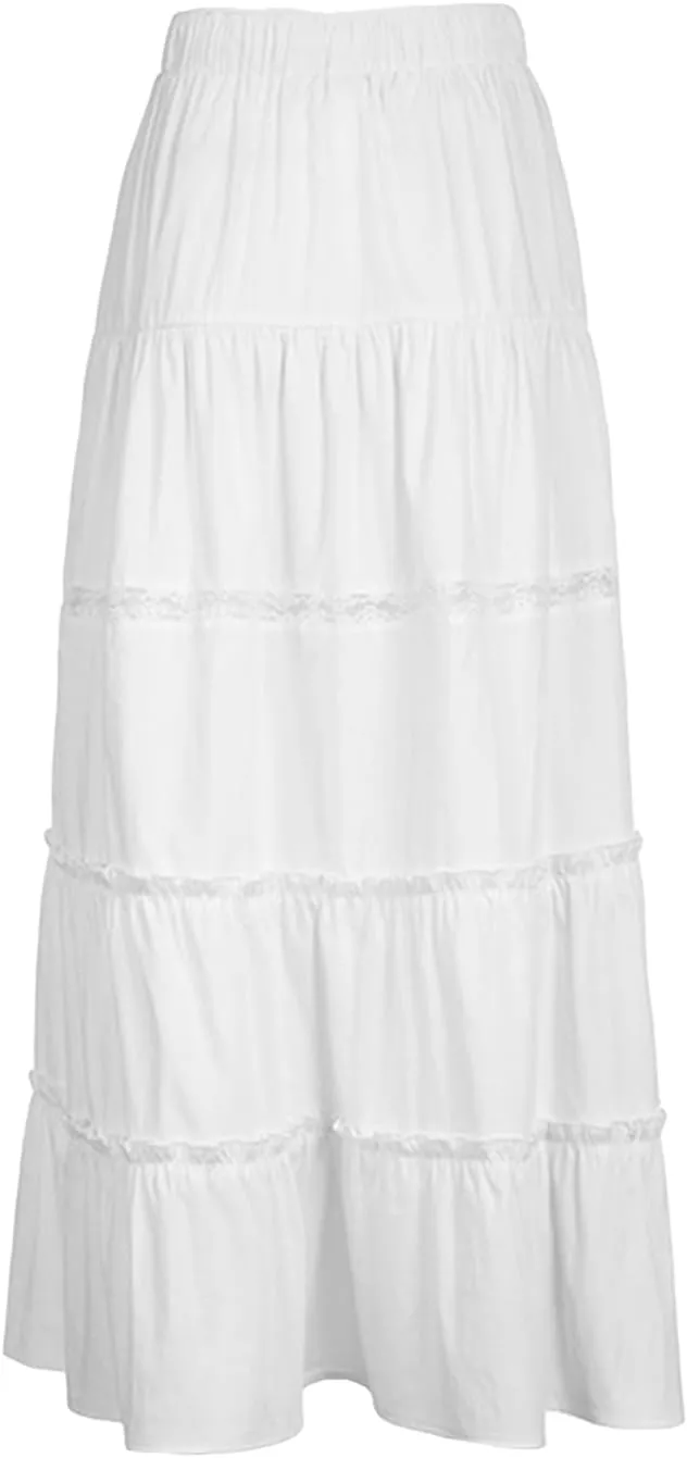 Women's Tiered Long Skirts Drawstring Elastic Waist Solid Color Ruched Midi Skirts Side Split Skirts