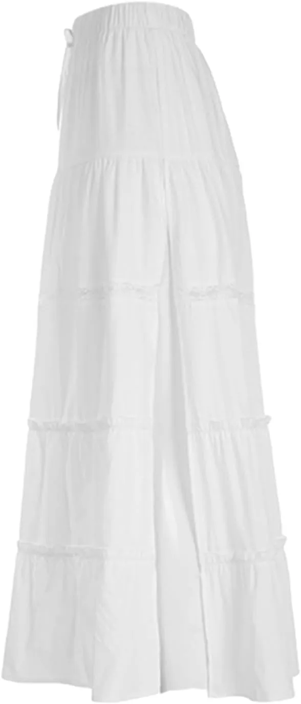 Women's Tiered Long Skirts Drawstring Elastic Waist Solid Color Ruched Midi Skirts Side Split Skirts