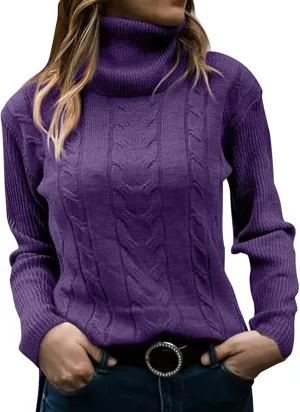 Womens Trendy Fall Turtleneck Sweater Long Sleeve Cable Knitted Pullover Sweater Casual Knitted Jumper Tops