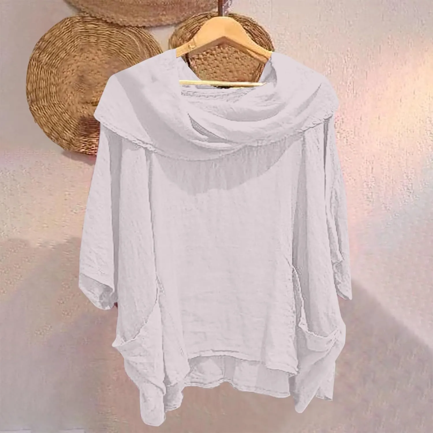 Women's Trendy Shirts Draped Neck 3/4 Sleeve Linen Casual Top Loose Fit Printed Lightweight Solid Color Summer Tees Shirt