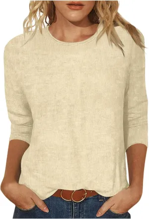 Womens Waffle Tops 3/4 Length Long Sleeve Shirts Spring Tshirt Trendy Casual Crewneck Blouse Loose Fit Basic Tee