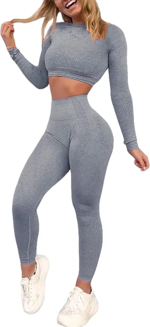Women's Workout Outfit 2 Pieces Seamless High Waist Yoga Leggings with Long Sleeve Crop Top Gym Clothes Set