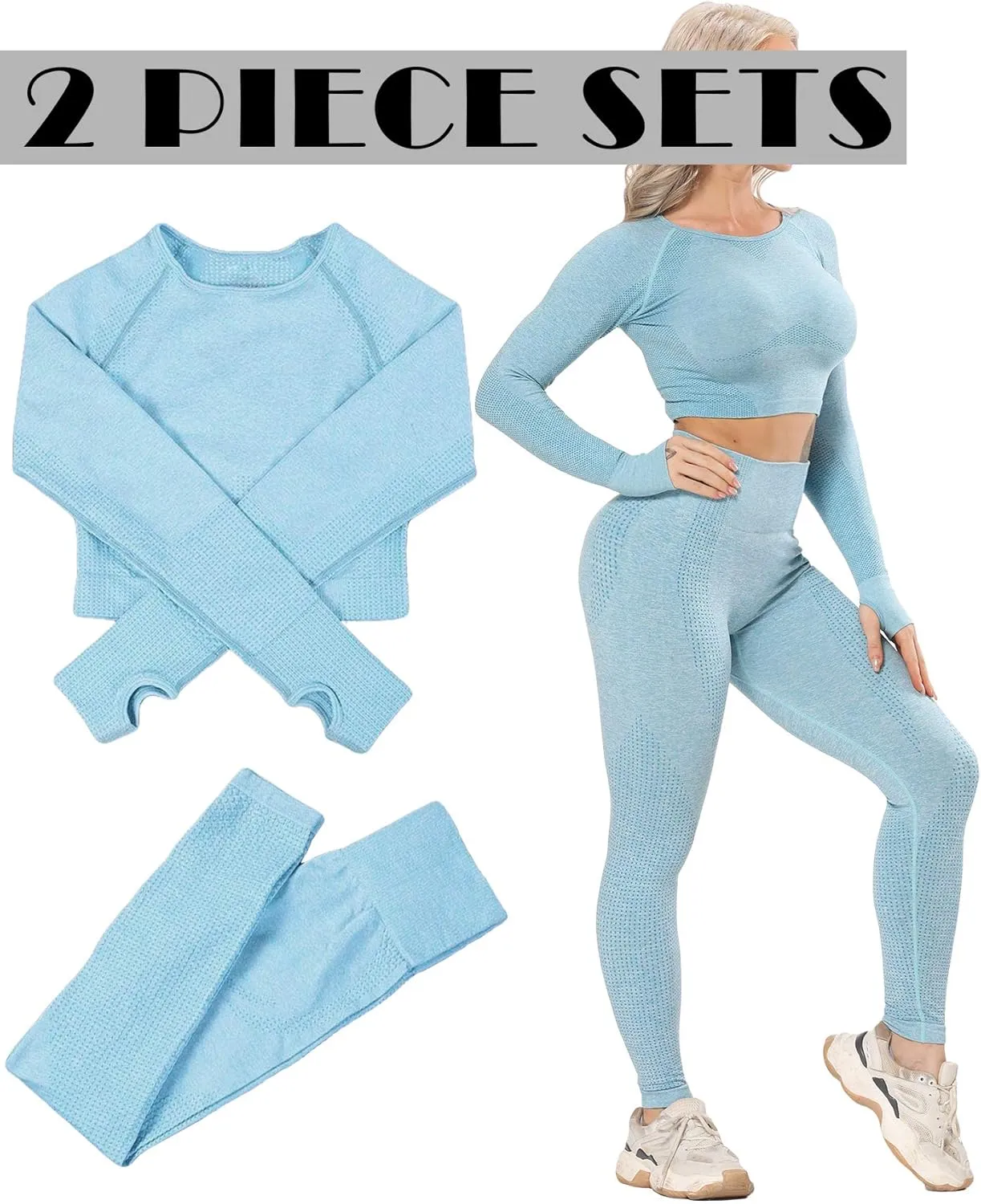 Women's Workout Outfit 2 Pieces Seamless High Waist Yoga Leggings with Long Sleeve Crop Top Gym Clothes Set