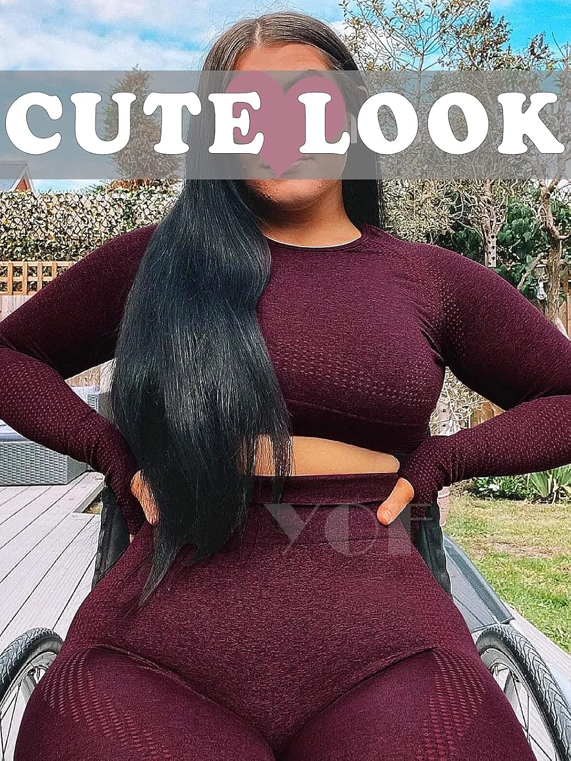 Women's Workout Outfit 2 Pieces Seamless High Waist Yoga Leggings with Long Sleeve Crop Top Gym Clothes Set