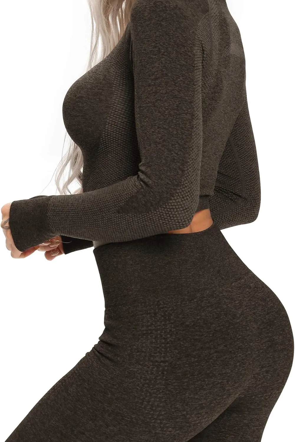 Women's Workout Outfit 2 Pieces Seamless High Waist Yoga Leggings with Long Sleeve Crop Top Gym Clothes Set
